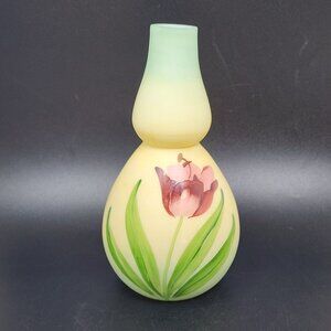 Antique Westmoreland Milk Glass Vase Hand Painted Yellow Tulip Flower 8"